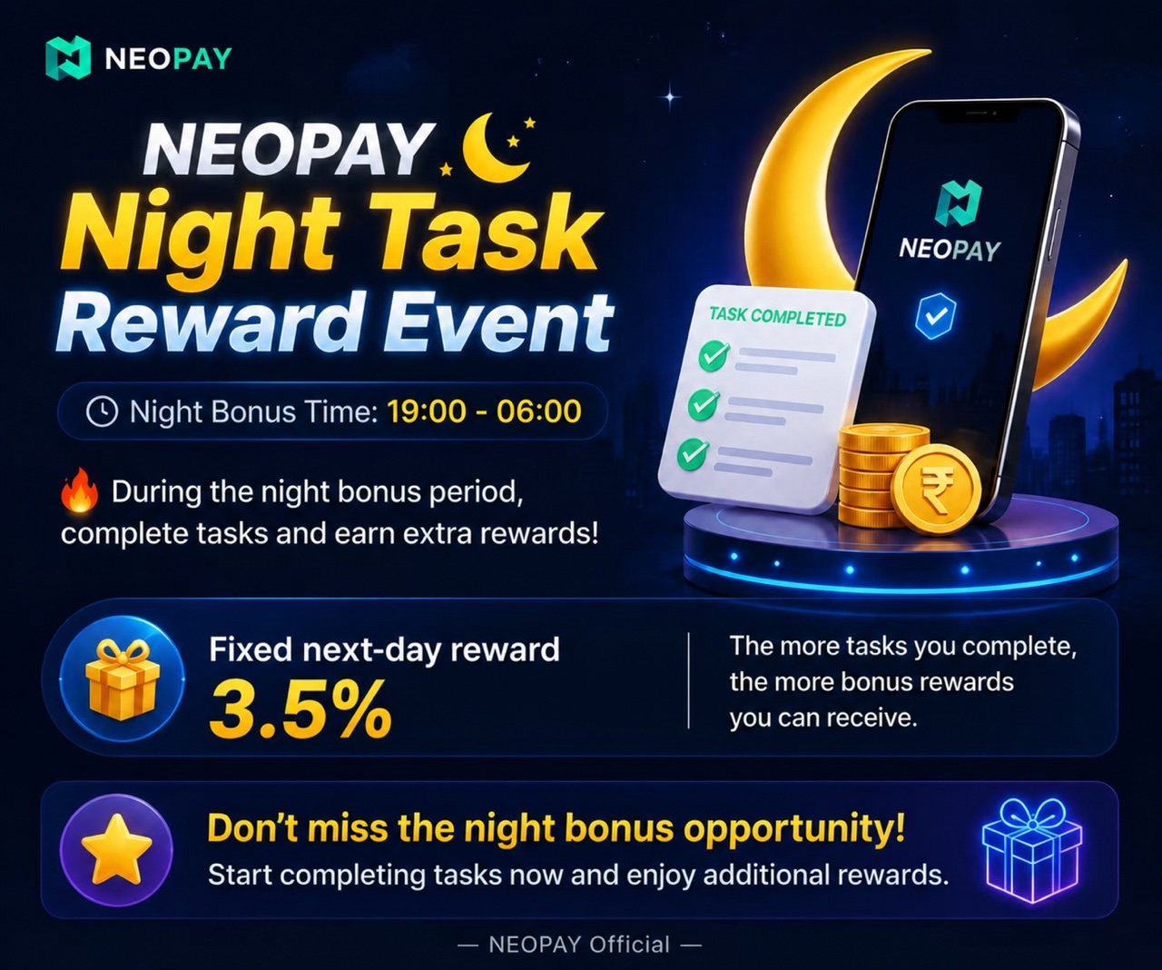 NeoPay night task event with a fixed 3.5% next-day reward