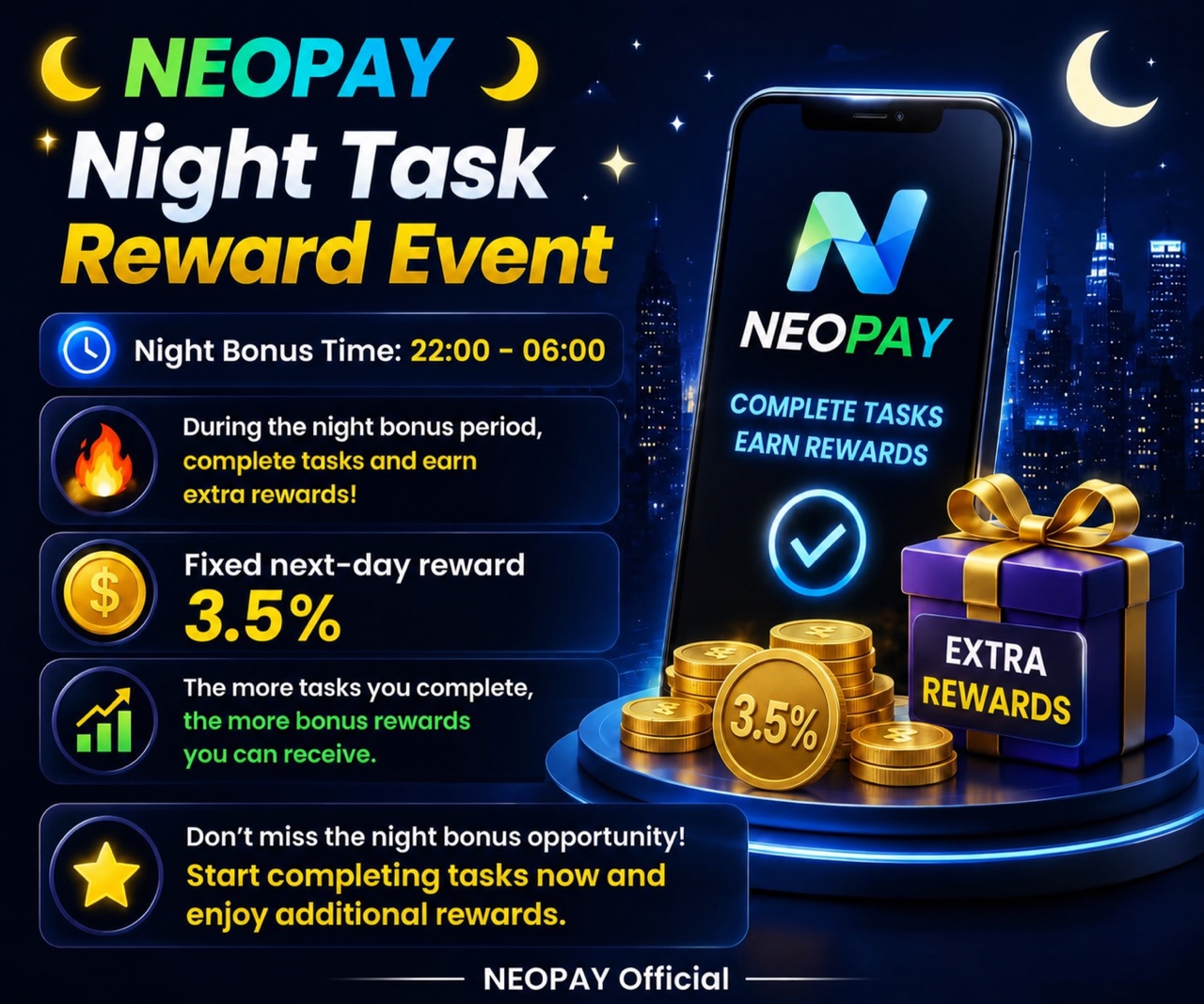 NeoPay fixed 3.5% night task rewards